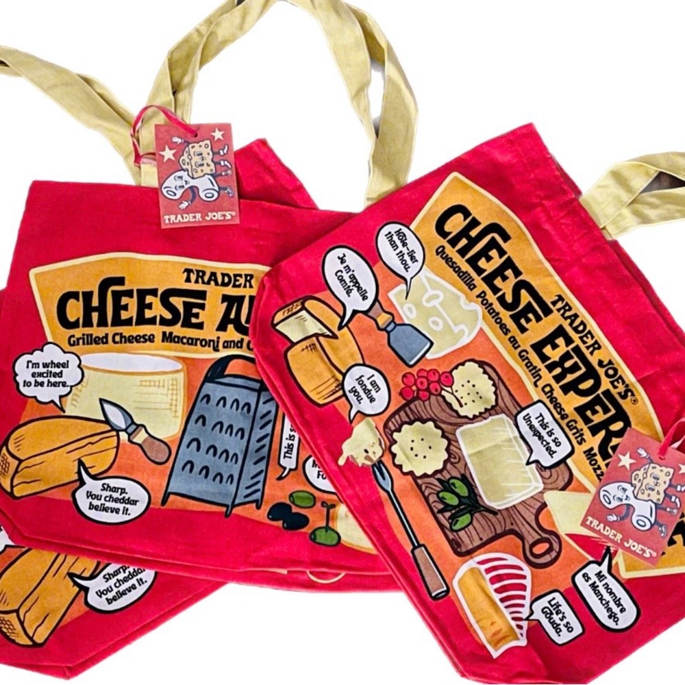 Trader Joe's Cheese Adventures Heavy Duty Cotton Tote Bag - Set of 3
